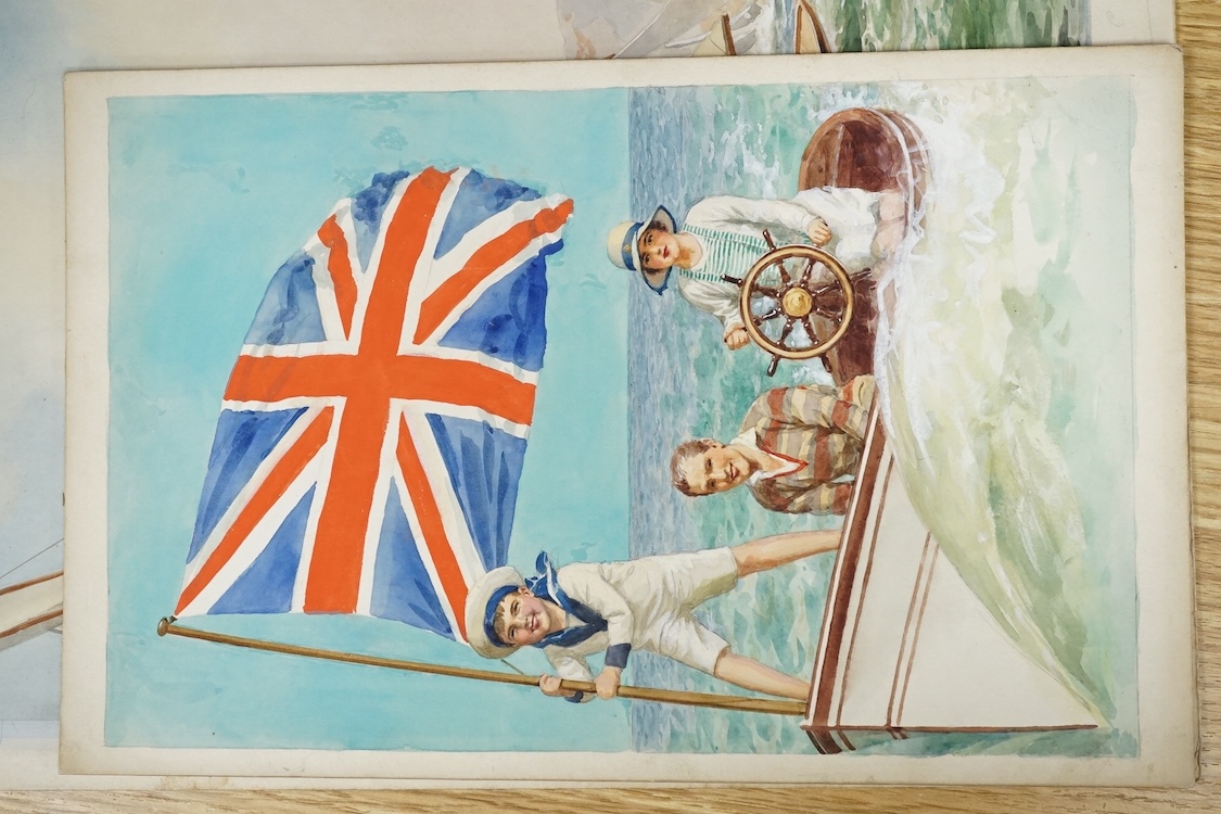 Charles Thomas Howard (1865-1942), four original watercolours for postcard designs, boating and yachting interest to include J Class Yachts Racing and Miss Britain Speedboat, two signed, largest 38 x 25cm, unframed. Cond